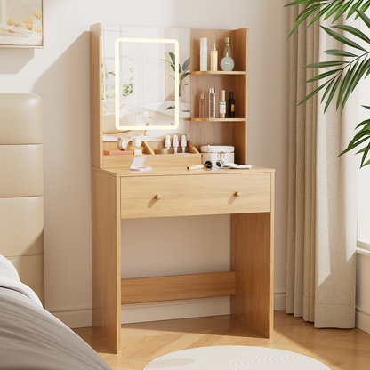 Vanity Desk with Mirror and LED Lights, Modern Small Makeup Vanity Desk with 2 Drawers, 3 Storage Shelves, 24 Inches Dressing Table with Power Outlet, 3 Adjustable Lights for Living room, Wood