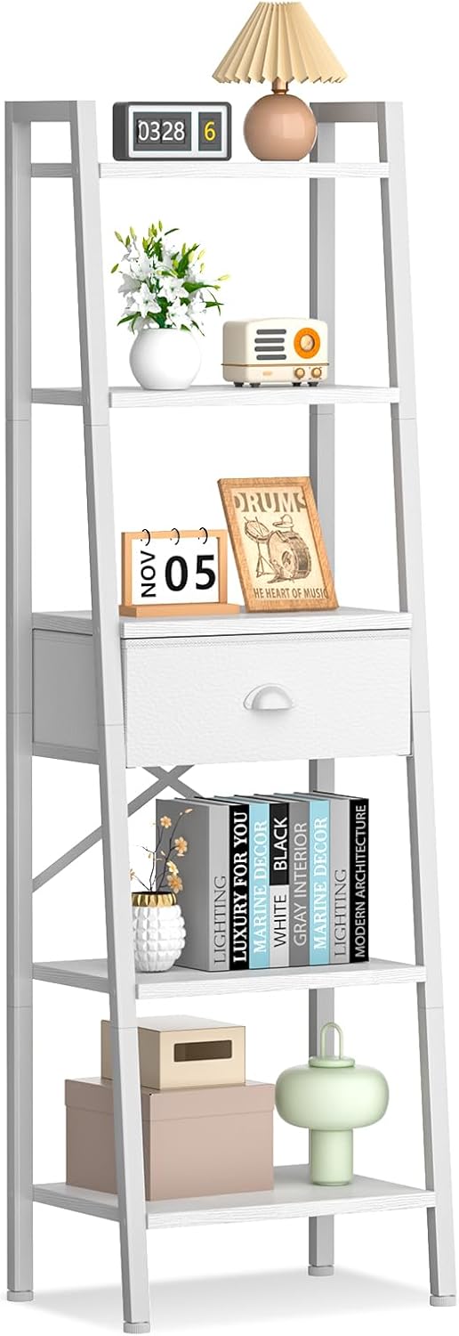 5 Tier Bookshelf, Ladder Shelf with Drawer, Tall and Narrow Bookcase, Storage Shelves Organizer, Industrial Display Standing Units for Bathroom, Kitchen, Bedroom,Living Room,White