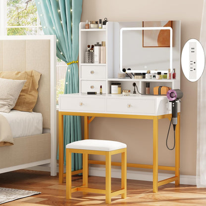 Furologee Vanity Desk with LED Lights Mirror and Power Outlets, Small Makeup Vanity Desk Stool Set with 4 Drawers, Dressing Table with Chair for Bedroom,3 Model Adjustable Lights,White and Gold