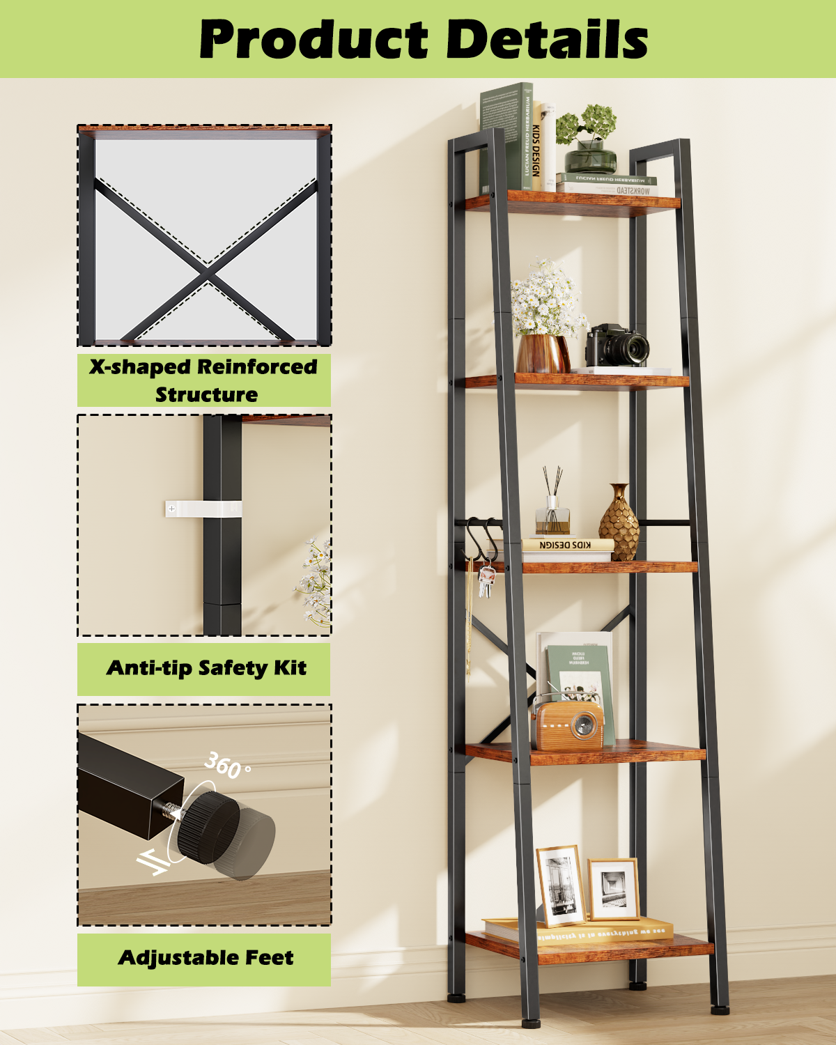 Furologee Ladder Bookshelf, Tall Narrow Metal & Wood Bookcase with Hooks, Rustic Brown Leaning Shelf for Living Room, Bedroom, Bathroom, Kitchen
