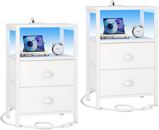 Nightstand with Charging Station & LED Lights - Bedside Table with Fabric Drawer, Storage Shelf, White for Bedroom