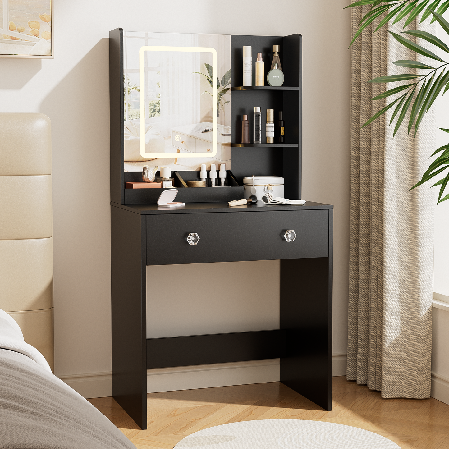 Vanity Desk with Mirror and LED Lights, Modern Small Makeup Vanity Desk with 2 Drawers, 3 Storage Shelves, 24 Inches Make UP Dressing Table with Power Outlet, 3 Adjustable Lights for Bedroom, Black