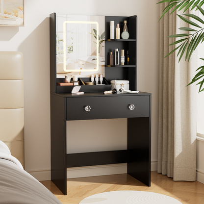 Vanity Desk with Mirror and LED Lights, Modern Small Makeup Vanity Desk with 2 Drawers, 3 Storage Shelves, 24 Inches Make UP Dressing Table with Power Outlet, 3 Adjustable Lights for Bedroom, Black