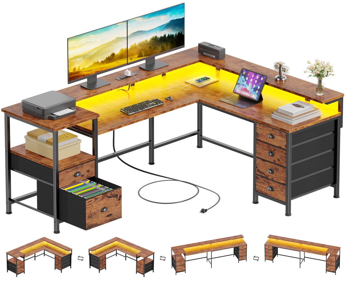 Furologee 66'' L Shaped Computer Desk with 6 Drawers & LED, Rustic Brown
, Reversible Large Corner Desk with Printer Storage Shelves,LED Lights,Monitor Stand for Home Office,Working Writing Study