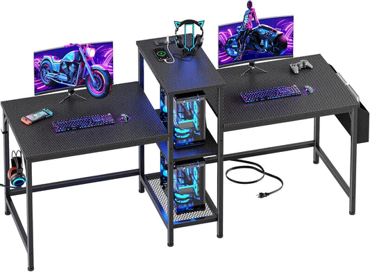 Furologee 71" Double Computer Desk with Power Outlets, Storage Bag & Headphone Hooks – Home Office Gaming or Study Table for 2