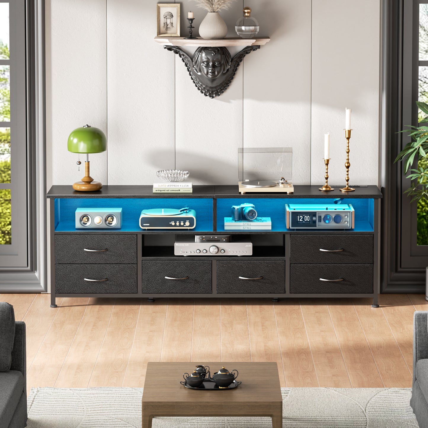 Furologee 63 Inch Entertainment Center Dresser for Bedroom, TV Stand for 65 70 Inch TVs, 6 Drawers Dresser with Power Outlets and LED Lights, Media Console with PU Leather Surface for Living Room