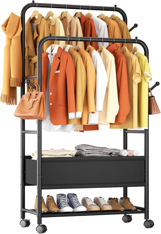Furologee Double Rod Clothing Rack with Wheels – Portable Rolling Garment Rack for Bedroom, Laundry & Living Room