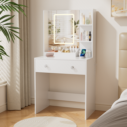 Vanity Desk with Mirror and LED Lights,  Small Makeup Vanity Desk with 2 Drawers, 3 Storage Shelves, 24 Inches Make UP Dressing Table with Power Outlet, 3 Adjustable Lights for Girls Bedroom, White