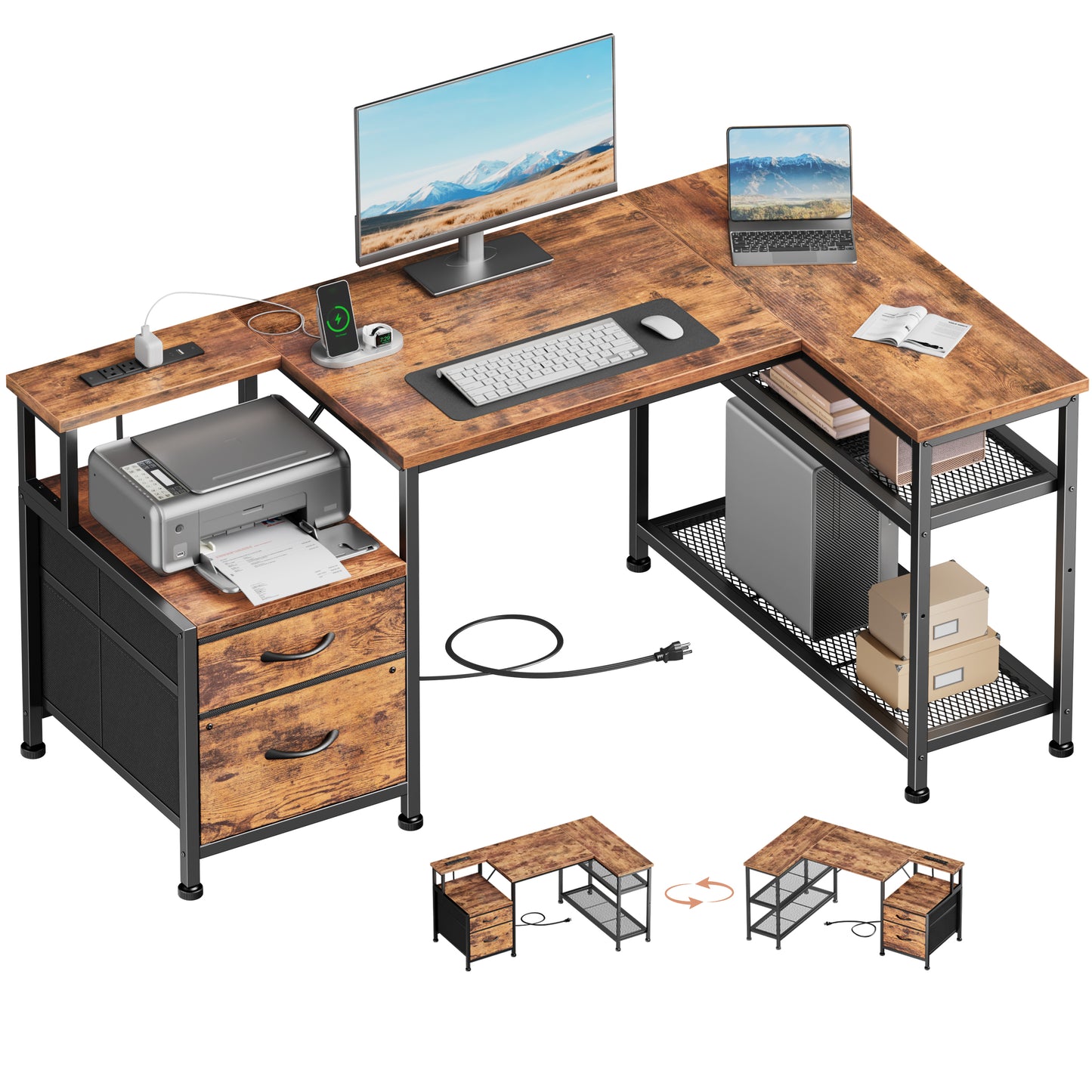 Furologee 49" L Shaped Computer Desk with Power Outlets, Reversible Home Office Desk with Fabric Drawers, File Cabinet, Printer Table, Metal Storage Shelves, Corner Desk for Small Space, Rusitc Brown