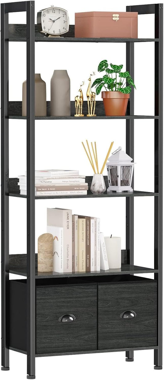 Furologee 5-Tier Bookshelf with Drawers – Tall Industrial Bookcase for Living Room or Office