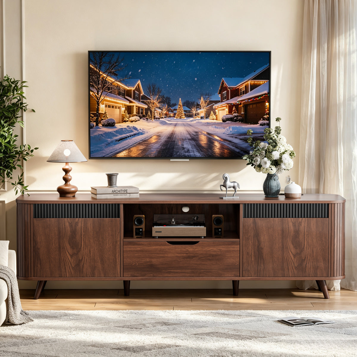 Furologee 63'' TV Stand for 65'' TV, Entertainment Center with Power Outlet

Mid Century Media TV Console Table with Storage, 2 Cabinets, 1 Drawer and Open Shelves for Living Room, Cable Holes, Walnut