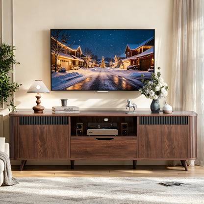 Furologee 63'' TV Stand for 65'' TV, Entertainment Center with Power Outlet

Mid Century Media TV Console Table with Storage, 2 Cabinets, 1 Drawer and Open Shelves for Living Room, Cable Holes, Walnut