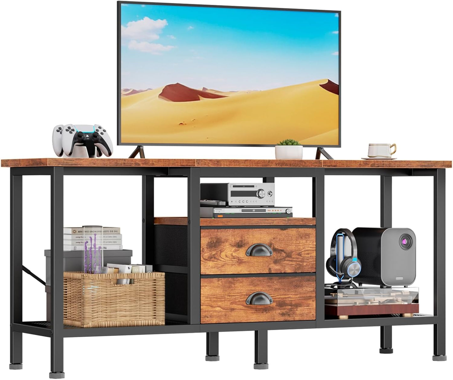 Furologee 42" TV Stand with 2 Fabric Drawers – Small Media Console with Open Storage Shelves for Bedroom & Living Room, Rustic Brown