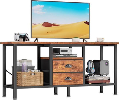 Furologee 42" TV Stand with 2 Fabric Drawers – Small Media Console with Open Storage Shelves for Bedroom & Living Room, Rustic Brown