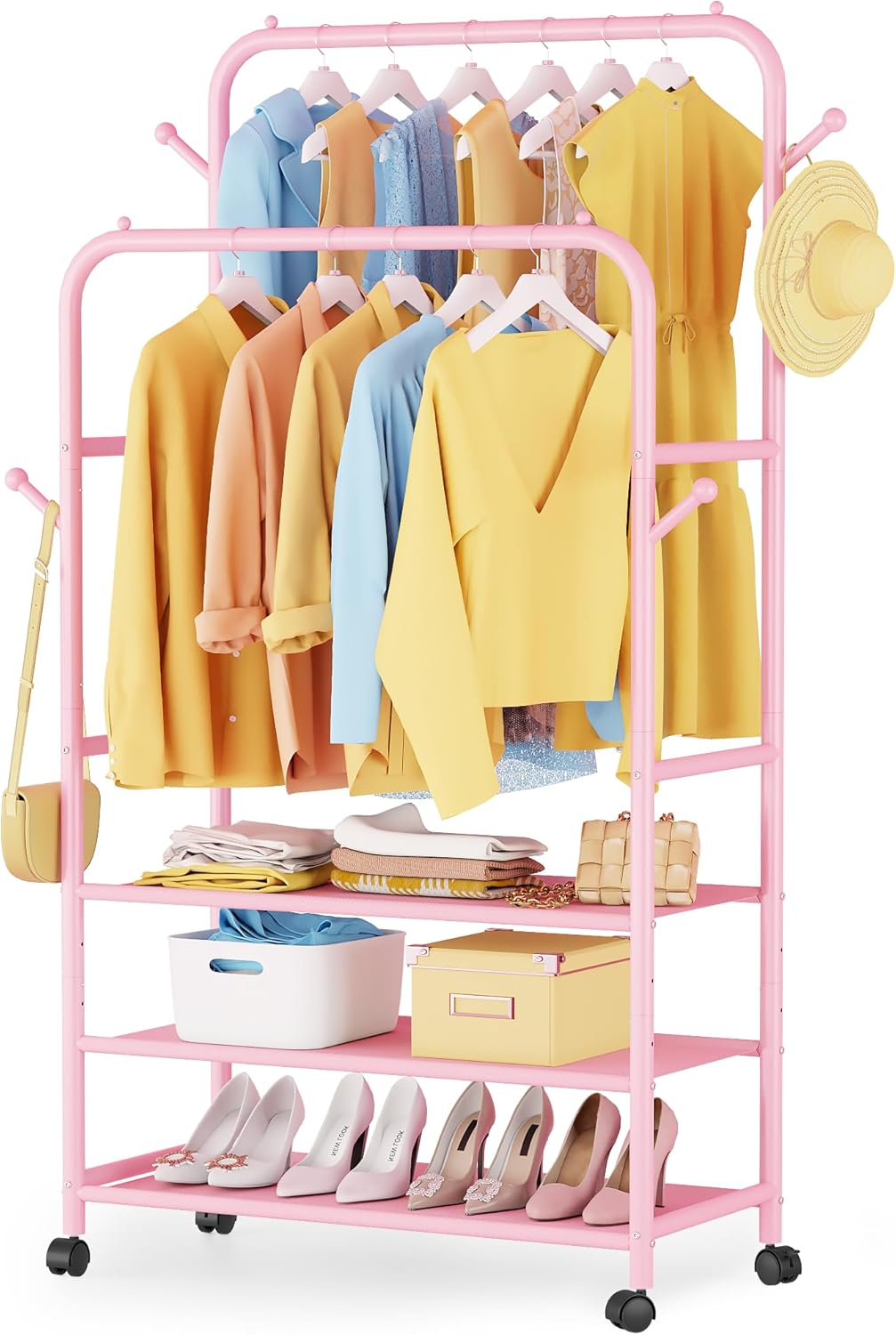 Furologee Pink Clothes Rack, Double Rods Clothing Racks for Hanging Clothes, Rolling Garment Racks with 3-Tier Shelves, Portable Rack with Wheels for Bedroom, Laundry, Living Room
