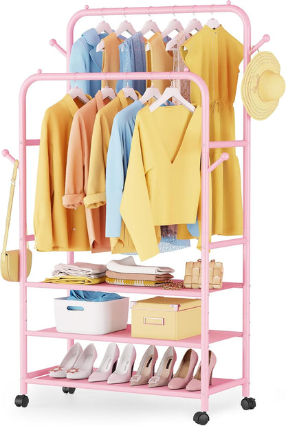 Furologee Pink Clothes Rack, Double Rods Clothing Racks for Hanging Clothes, Rolling Garment Racks with 3-Tier Shelves, Portable Rack with Wheels for Bedroom, Laundry, Living Room