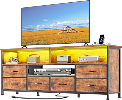 Furologee 55 Inch LED TV Stand for Bedroom with Power Outlets, Entertainment Center with 6 Fabric Drawers for 50/55/60 inch TVs, Dresser TV Stand Long Console Media Table for Living Room, Rustic Brown