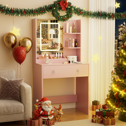 Vanity Desk with Mirror and LED Lights,  Small Pink Makeup Vanity Desk with 2 Drawers, 3 Storage Shelves, 24 Inches Make UP Dressing Table with Power Outlet, 3 Adjustable Lights for Girls Bedroom