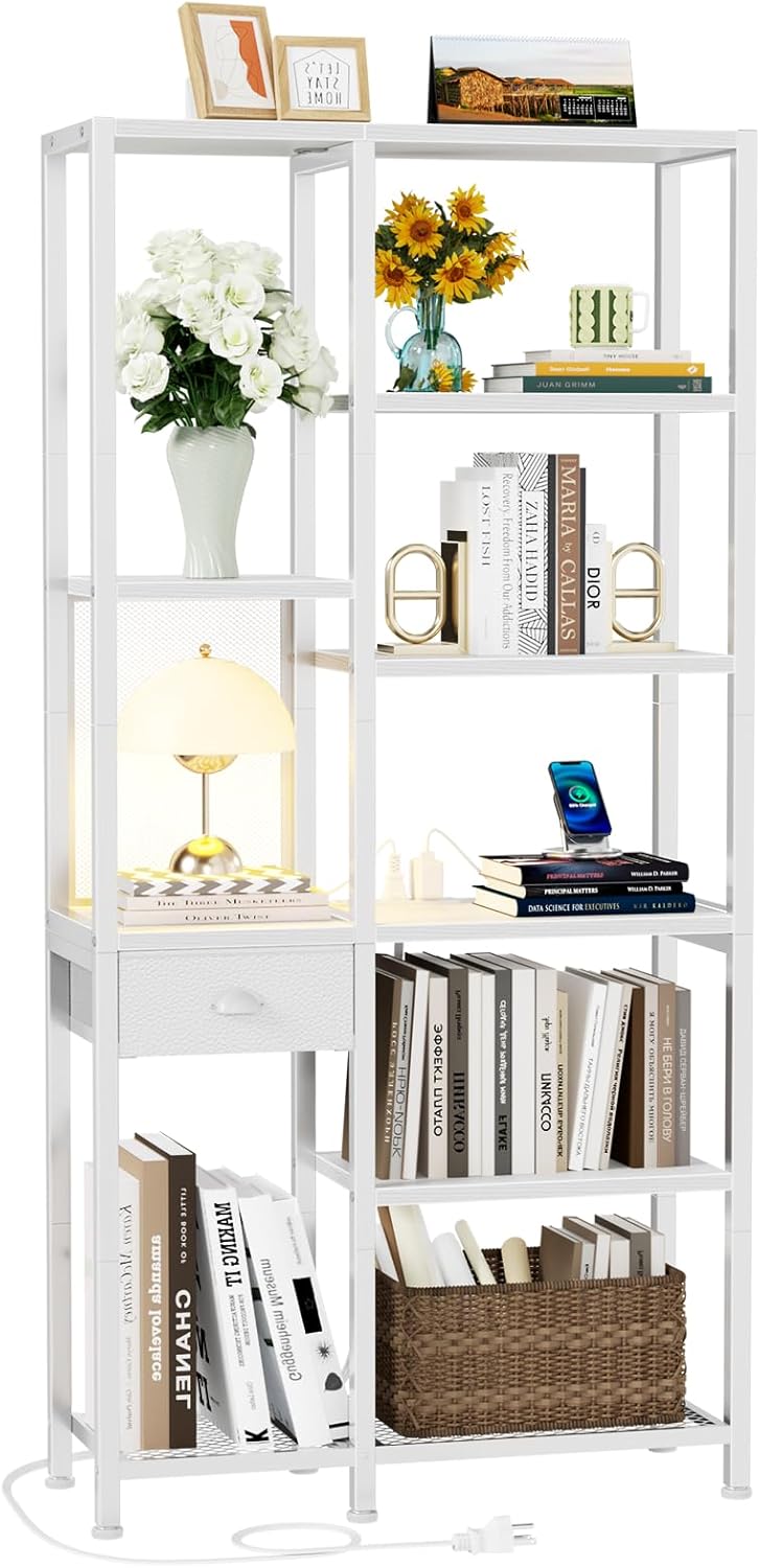 Furologee 6-Tier Bookshelf with Drawer & Charging Station – Tall Open Bookcase for Living Room, Bedroom, Home Office,