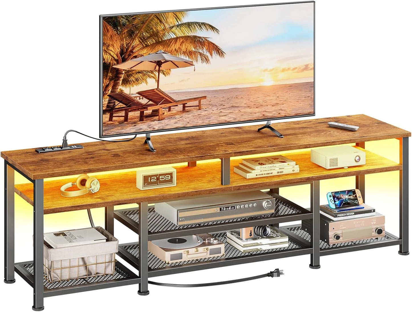 Furologee TV Stand with Power Outlets and LED Lights, 63 Inch Entertainment Center for 60 65 70 Inch TVs, Media Console Table with Open Shelves, for Bedroom, Living Room, Rustic Brown