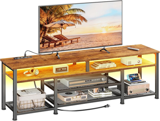 Furologee TV Stand with Power Outlets and LED Lights, 63 Inch Entertainment Center for 60 65 70 Inch TVs, Media Console Table with Open Shelves, for Bedroom, Living Room, Rustic Brown