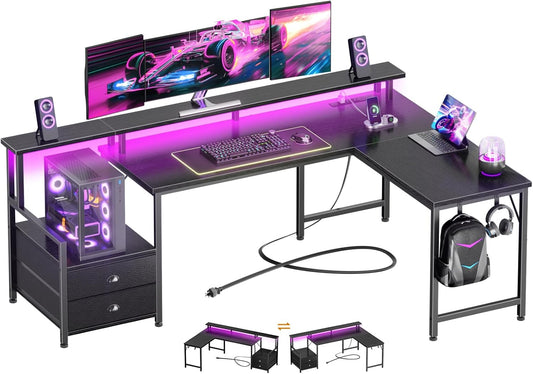 Furologee 66" L Shaped Gaming Desk with Power Outlet & LED Lights, Reversible Corner Computer Desk with 2 Drawers & Storage Shelves for Home Office, Large PC Table with Monitor Stand, Black