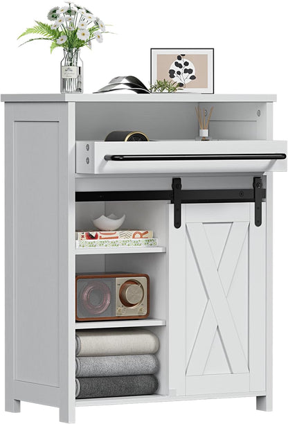 Storage Cabinet with Tray Drawer, White Farmhouse Coffee Bar Cabinet with Sliding Door for Bathroom Bedroom Living Room Laundry Kitchen