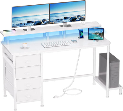 Furologee 55" Gaming Computer Desk with LED Lights, Power Outlets & 4 Fabric Drawers – Monitor Stand & Shelf for Home Office