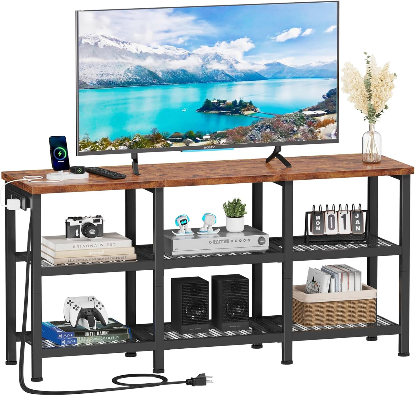 Furologee 3-Tier TV Stand for TVs up to 50” – Small Industrial Media Console with Open Storage Shelves for Living Room or Bedroom