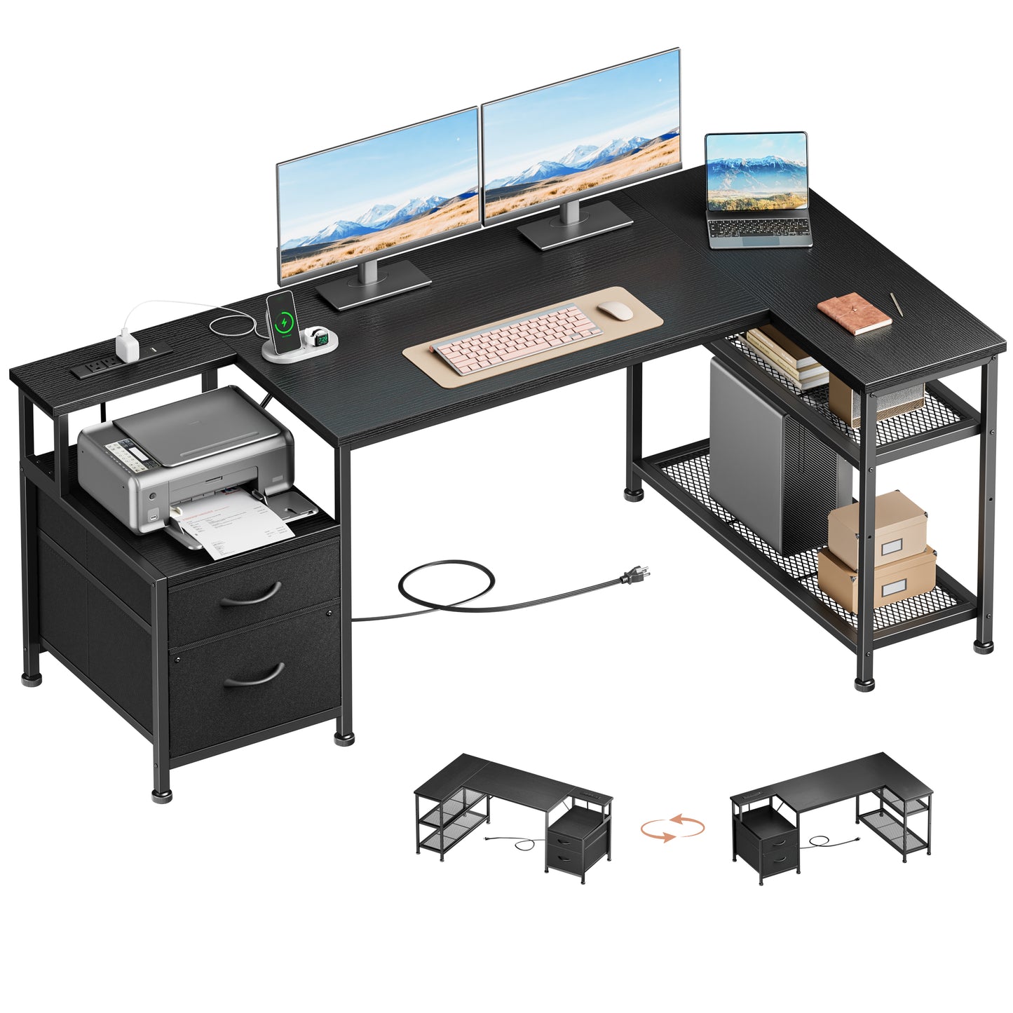 Furologee 57 Inch L Shaped Computer Desk with Power Outlets, Reversible Home Office Desk with Fabric Drawers, File Cabinet, Printer Table, Metal Storage Shelves, Corner Desk for Small Space, Black