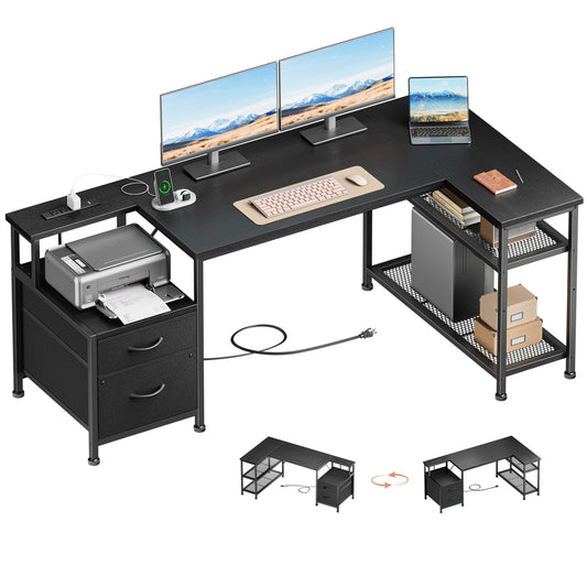 Furologee 57 Inch L Shaped Computer Desk with Power Outlets, Reversible Home Office Desk with Fabric Drawers, File Cabinet, Printer Table, Metal Storage Shelves, Corner Desk for Small Space, Black