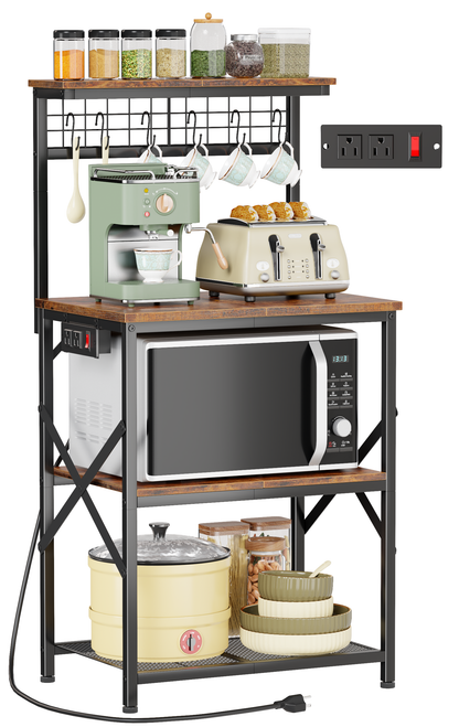 Furologee Kitchen Bakers Rack with Power Outlet, Microwave Oven Stand with Storage 4 Tiers, Coffee Bar Table with 6 S Hooks, Kitchen Storage Shelf Rack for Spices, Pots, Rustic Brown