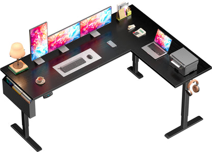 Furologee 63" L Shaped Standing Desk, Adjustable Office Desk, Black Electric Computer Desk with LED Screen & Memory Presets, Height Adjustable, Reversible Sit Stand Desk for Home Office