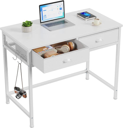 Furologee White Small Computer Desk with 2 Fabric Drawers for Bedroom,34 Inch Simple Home Office Writing Desk, Vanity Desk with Hooks, Study Table for Adults Student Small Spaces