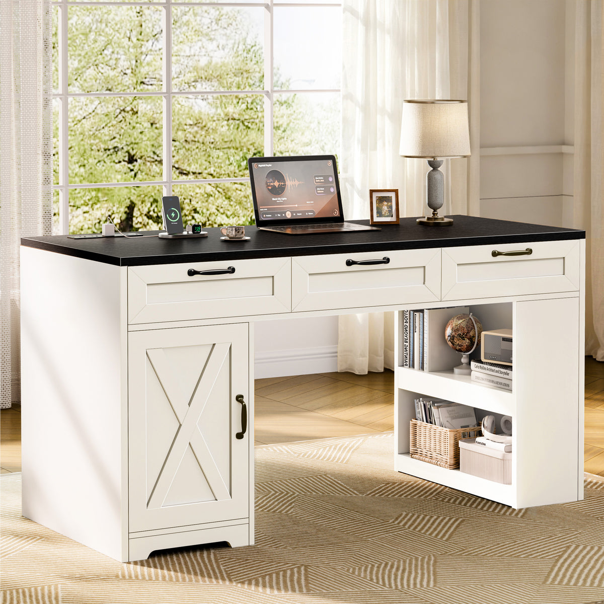 Furologee 55" Farmhouse Desk with Charging Station & Drawers, Black
Executive Computer desk with 3 Wooden Drawers and Storage Cabinet and Open Storage Shelf, Large Workstation for Home Office£¬Work, Study , Black and White