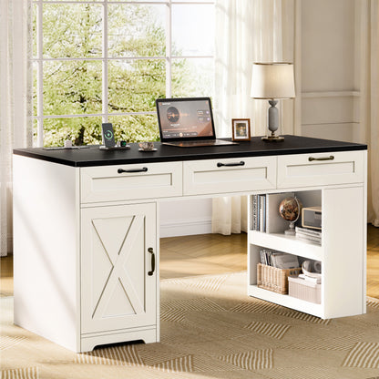 Furologee 55" Farmhouse Desk with Charging Station & Drawers, Black
Executive Computer desk with 3 Wooden Drawers and Storage Cabinet and Open Storage Shelf, Large Workstation for Home Office£¬Work, Study , Black and White
