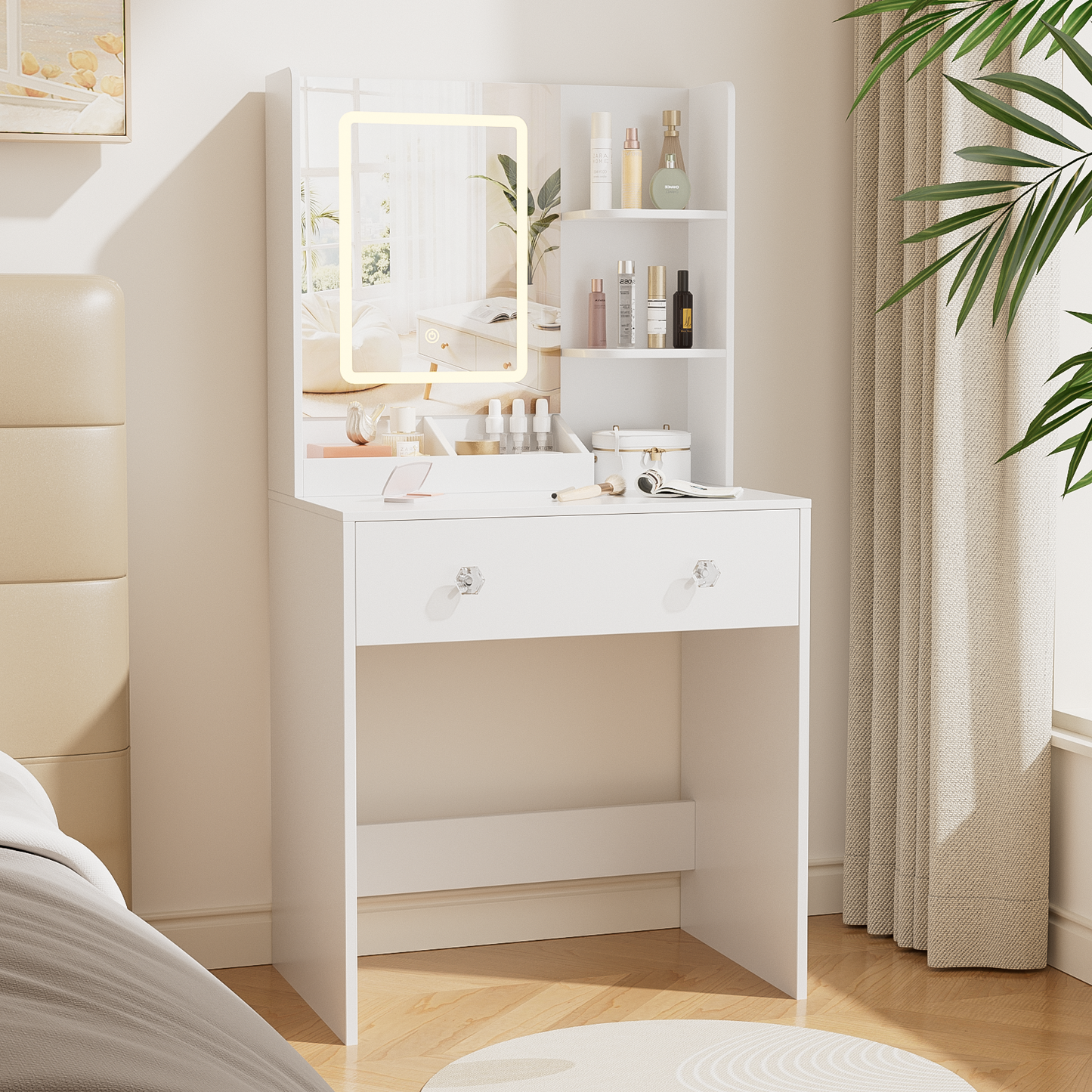 Vanity Desk with Mirror and LED Lights,  Small Makeup Vanity Desk with 2 Drawers, 3 Storage Shelves, 24 Inches Make UP Dressing Table with Power Outlet, 3 Adjustable Lights for Girls Bedroom, White