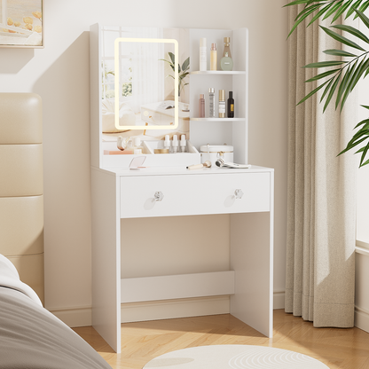 Vanity Desk with Mirror and LED Lights,  Small Makeup Vanity Desk with 2 Drawers, 3 Storage Shelves, 24 Inches Make UP Dressing Table with Power Outlet, 3 Adjustable Lights for Girls Bedroom, White