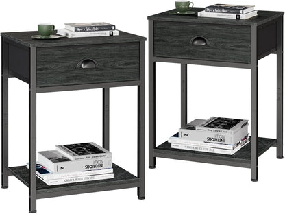 Furologee Set of 2 Nightstands with Drawer & Shelf – Industrial Bedside Tables for Bedroom/Living Room
