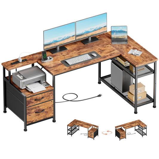 57 Inch L Shaped Computer Desk with Power Outlets, Reversible Home Office Desk with Fabric Drawers, File Cabinet, Printer Table, Metal Storage Shelves, Corner Desk for Small Space, Rusitc Brown