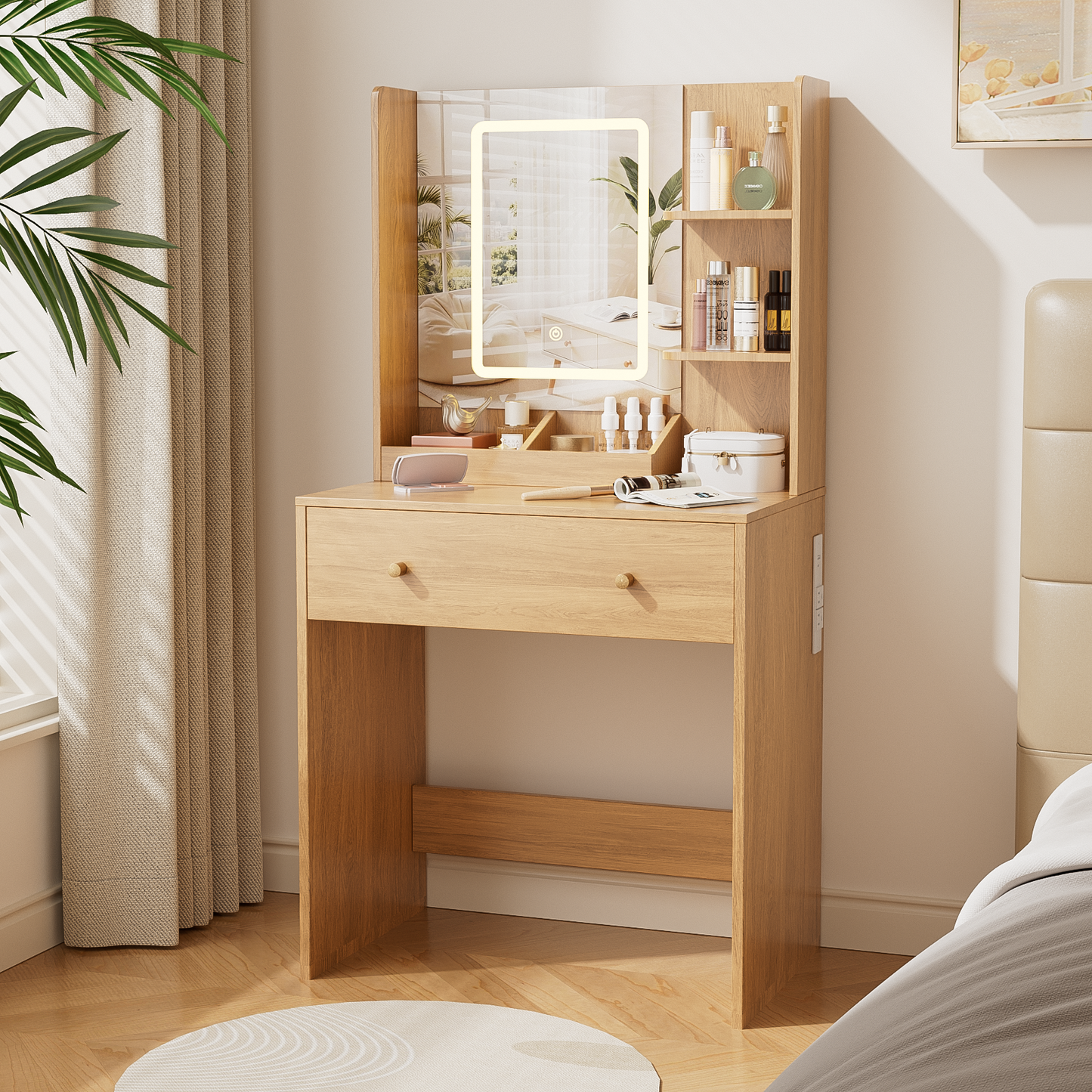 Vanity Desk with Mirror and LED Lights, Modern Small Makeup Vanity Desk with 2 Drawers, 3 Storage Shelves, 24 Inches Dressing Table with Power Outlet, 3 Adjustable Lights for Living room, Wood