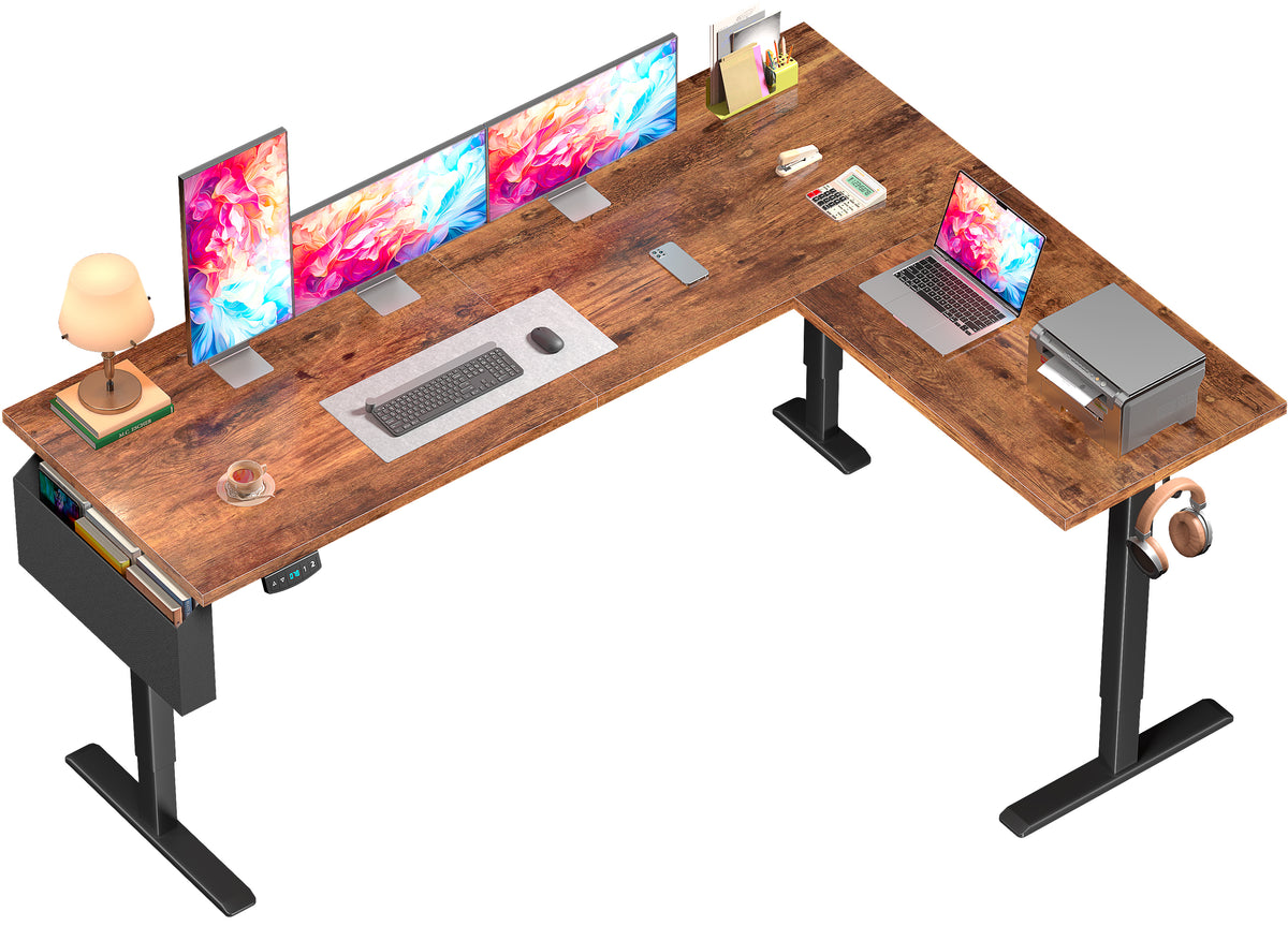 Furologee 63" L Shaped Standing Desk, Adjustable Office Desk, Brown Electric Computer Desk with LED Screen & Memory Presets, Height Adjustable, Reversible Sit Stand Desk for Home Office