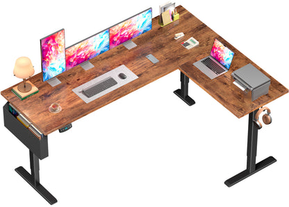 Furologee 63" L Shaped Standing Desk, Adjustable Office Desk, Brown Electric Computer Desk with LED Screen & Memory Presets, Height Adjustable, Reversible Sit Stand Desk for Home Office