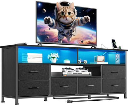 Furologee 55" Dresser TV Stand with LED & Charging Station – Media Console Table with 6 Drawers for Bedroom or Living Room