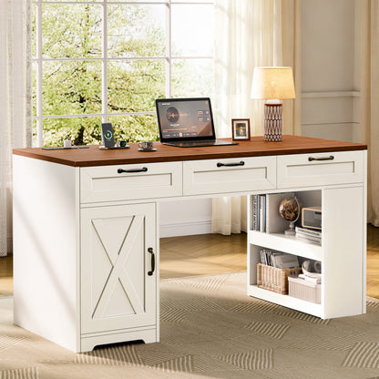 Furologee 55" Farmhouse Desk with Charging Station & Drawers, Walnut White
Executive Computer Desk with 3 Wooden Drawers, Storage Cabinet and Open Storage Shelf, Large Workstation for Home Office£¬Work, Study