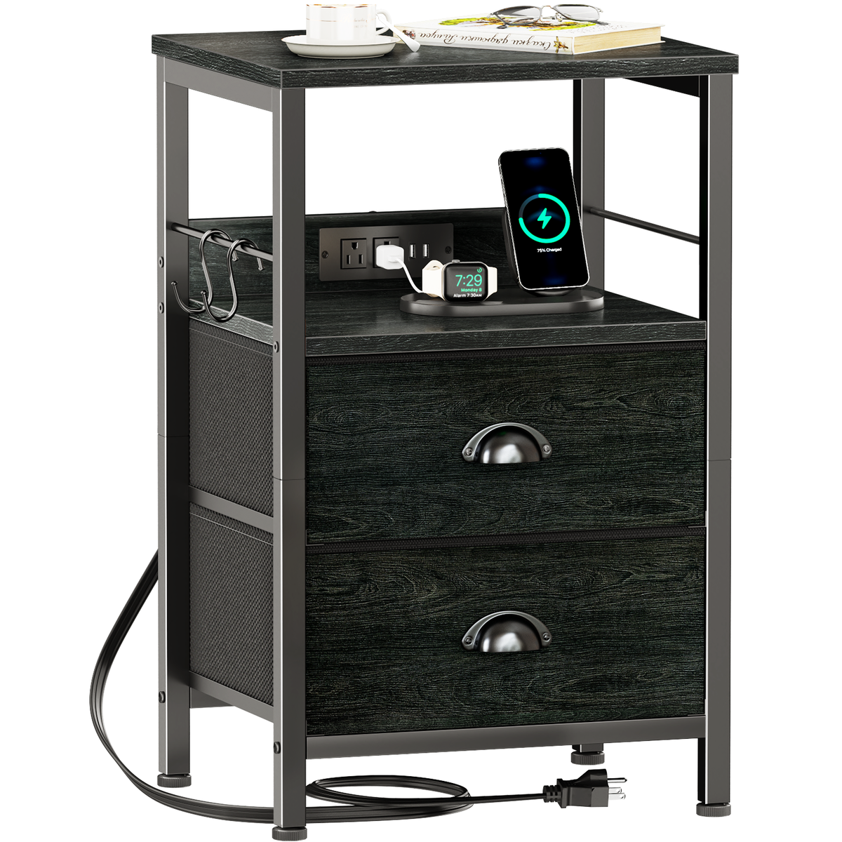 Furologee Nightstand with Charging Station for Bedroom, 2 Fabric Drawers
Night Stand with USB Ports & Outlets, Side Table with Storage & Hooks, Industrial End Table, for Living Room, Dorm, Black Oak