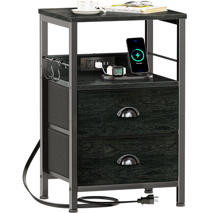 Furologee Nightstand with Charging Station for Bedroom, 2 Fabric Drawers
Night Stand with USB Ports & Outlets, Side Table with Storage & Hooks, Industrial End Table, for Living Room, Dorm, Black Oak