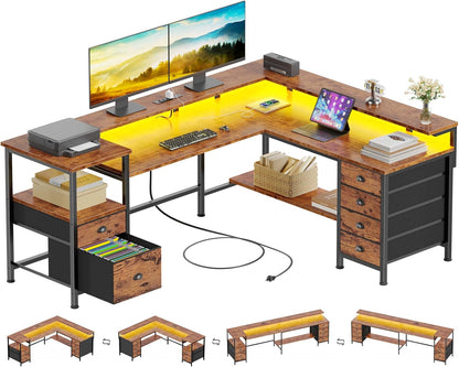 Furologee 66" Reversible L Shaped Gaming Desk with 6 Drawers