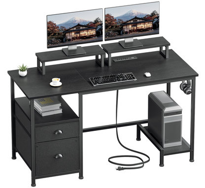 Furologee 47" Computer Desk with File Cabinet and Power Outlets, Home Office Desk with 2 Monitor Stands and Storage Drawer, Writing Gaming Table with Shelves and 2 Hooks for Bedroom, Rustic Brown