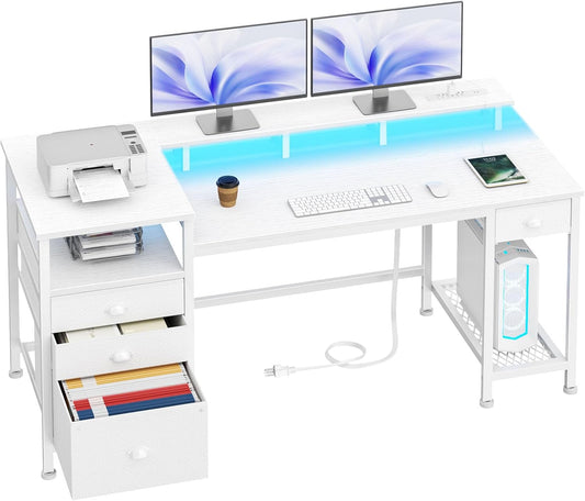 Furologee 60" Gaming Desk with LED Light & Charging Station – Dual Monitor Stands & Storage Cabinet for Home Office